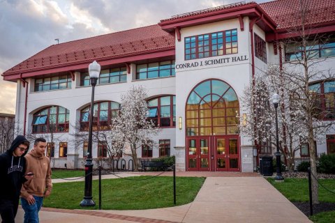 Exterior of Conrad J. Schmitt Hall on the campus of Montclair State University