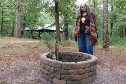 A woman stands beside a circular stone-lined well in a wooded area, looking down into it. She wears a multicolored shawl and pendant, with a picnic shelter visible among the trees in the background