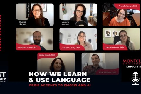 Podcast panel graphic featuring seven Montclair State University linguistics faculty members in a video-call collage. Text reads, “Podcast Panel Interview,” “Lost in Jersey Podcast,” and “How We Learn & Use Language: From Accents to Emojis and AI"