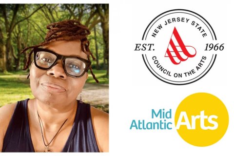A composite image of Pamela Booker's headshot with the logos for Mid Atlantic Arts and the New Jersey State Council on the Arts