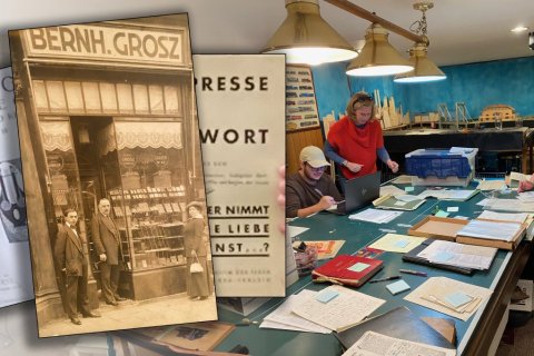 Collage showing historical documents and a vintage storefront photograph overlaid on a modern archival research scene, where three people examine papers, folders, and records spread across a large table