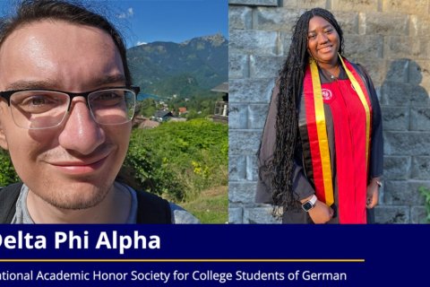Composite of two college student headshots, one a closeup selfie from a natural outdoor setting and the other a cap and gown portrait in front of a stone wall
