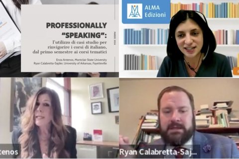 A screenshot from a video call involving three people