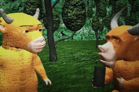 Two characters in animated movie looking at each other.