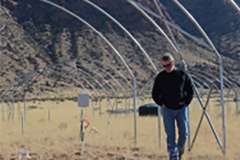 Dr. Scott Collins walking through the drought shelter at the University of New Mexico