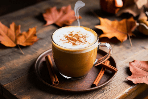 A glass of pumpkin spice latte sits in the center of a dark wooden coffee table with leaves all around. 