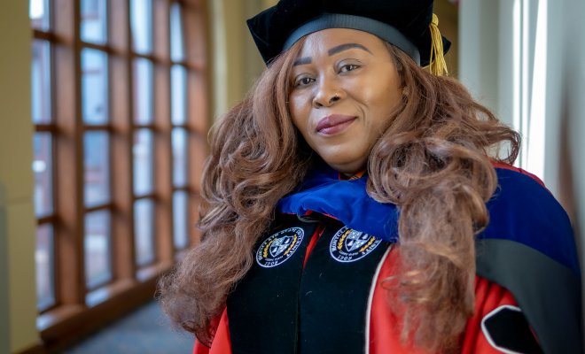Sailume Walo-Roberts in her PhD regalia.