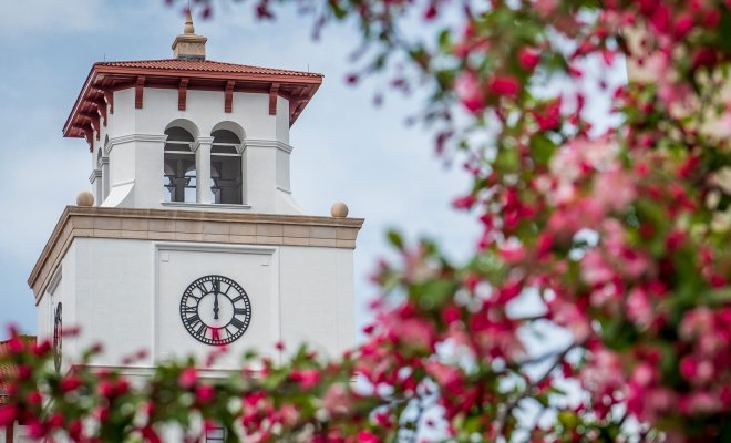 Clock tower on campus behind a tree with pink and green leaves.