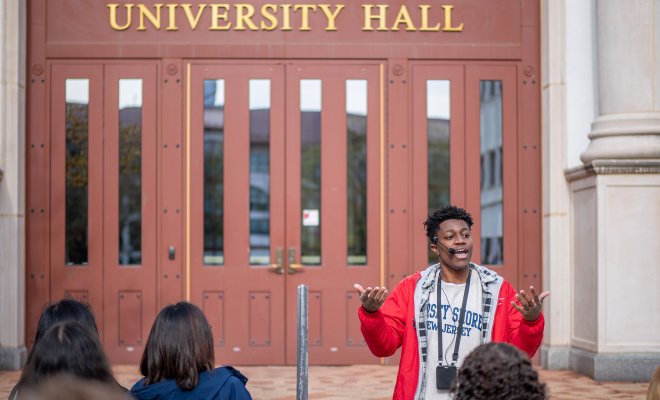 Richard Steiner-Otoo addresses students outside University Hall.