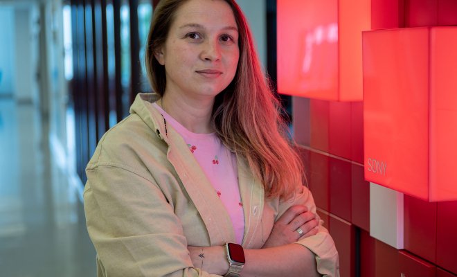 Alena Arzamastseva, shown inside Montclair State University’s School of Communication and Media.