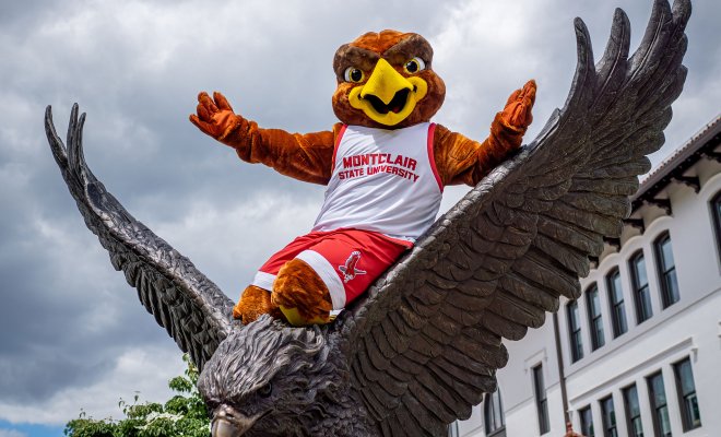 Rocky the Red Hawk sits atop a bronze Red Hawk statue.