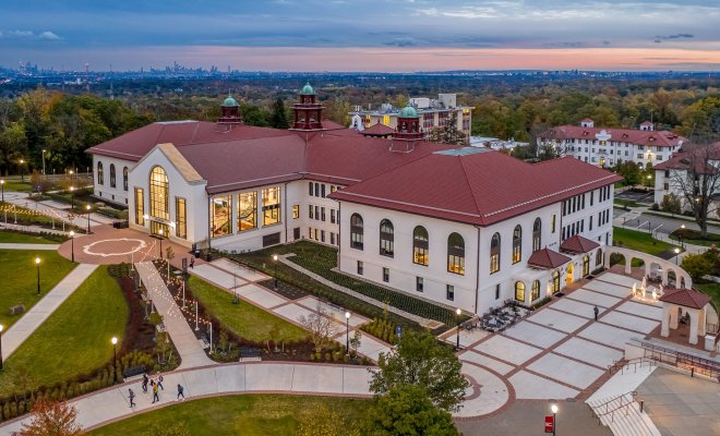 An aerial view of Cole Hall
