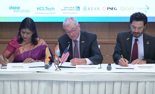 (L-R) Pankaj Mittal, New Jersey Governor Phil Murphy, Montclair State University President Jonathan Koppell signing documents