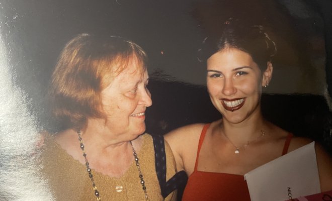 Montclair State University Professor Nicole Archer poses with her former art history professor Cris Hassold.