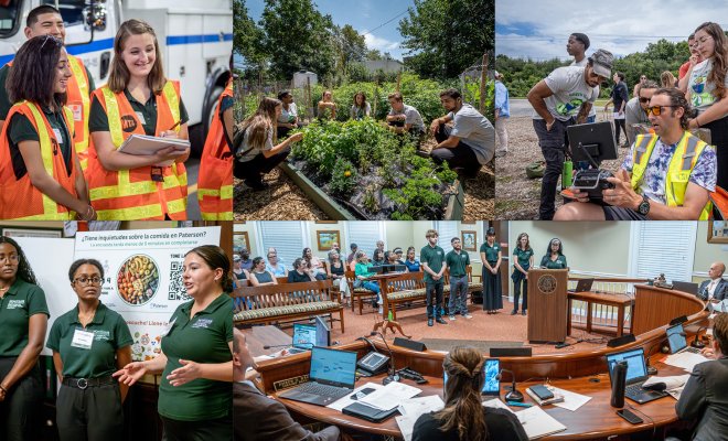 Collage of Green Teams students over 10 years working on sustainability projects across New Jersey, including urban gardens, farms, infrastructure sites and community presentations.