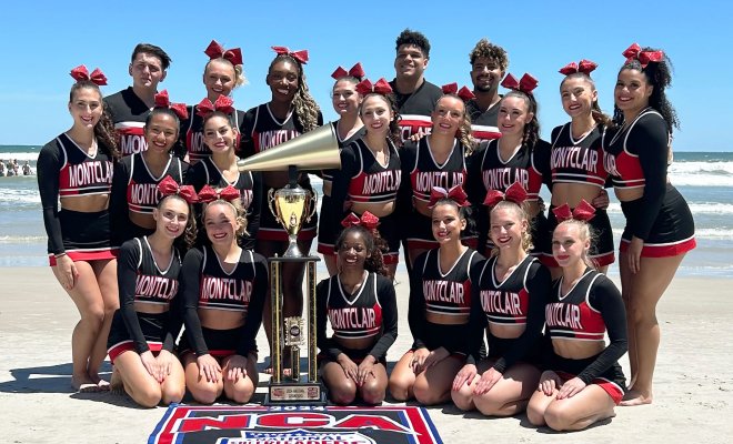 Montclair State University Cheer Team members celebrate in Daytona Beach, Florida.