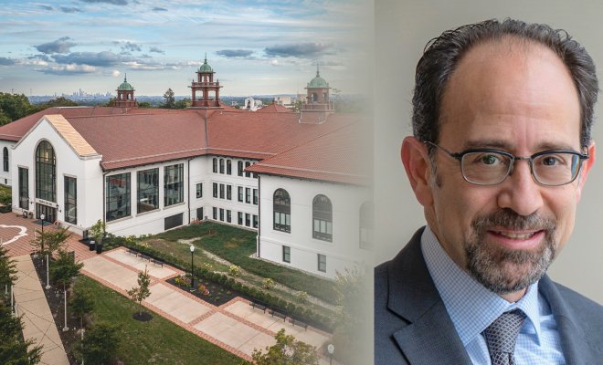 Split image of the School of Communication building on the left and Marc Austin on the right.
