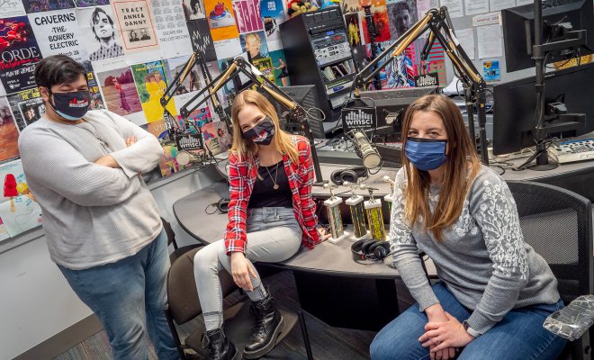 Photo of Joshua Tirado, Kaya Maciak and Anabella Poland in the WMSC studio