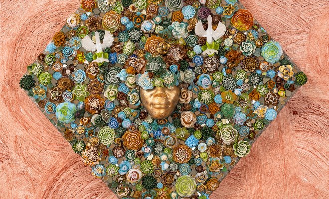 Bloom in hues of Blue, Green, Brown, 2024. Cast, blown, fused, mirrored glass, and 23k gold leaf on custom frame by artist Layo Bright.