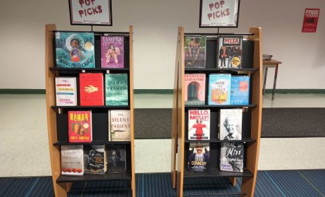 Book shelves with Pop Picks