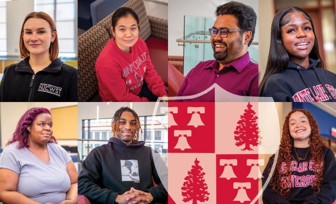 A collage of seven students.