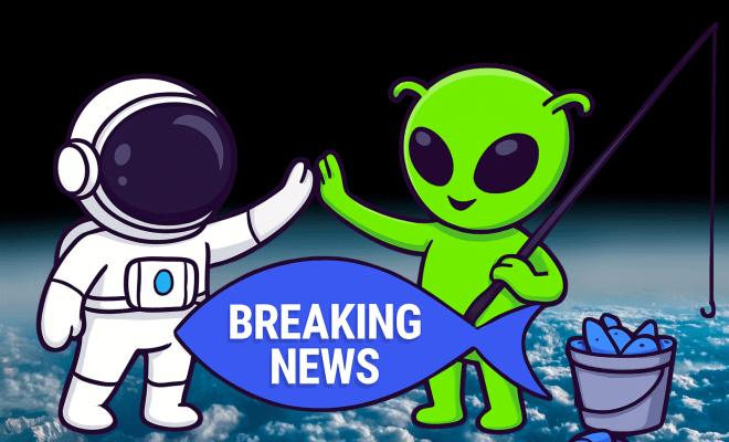 Alien and Astronaut high-fiving in space with a fish that says "Breaking News"