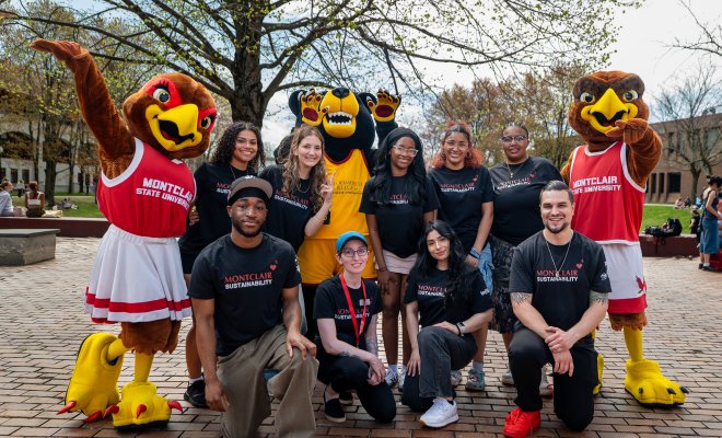 Group photo of the staff & interns from the Office Sustainability with mascots Rocky, Roxy, and Deacon.