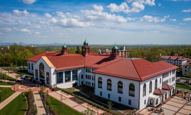 This image shows an aerial view of Cole Hall at Montclair State University.