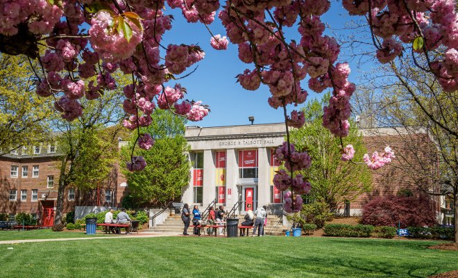 Talbott Hall framed by cherry blossoms