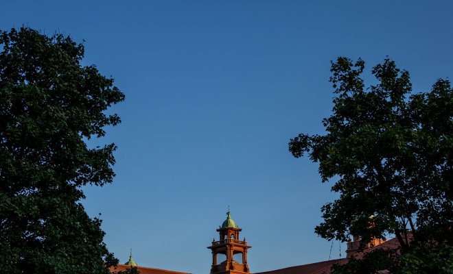 Blue sky and a bell tower surround by trees 