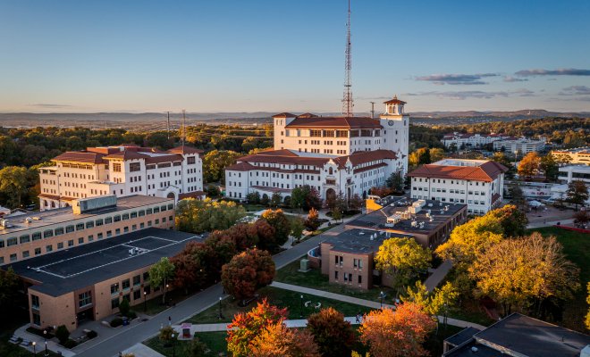 An aerial view of campus.