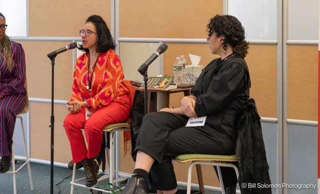three authors speaking about book