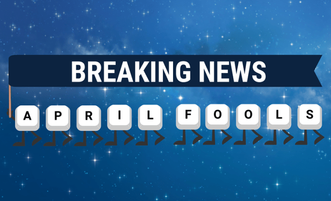 Keyboard keys that spell out "April Fools" holding a banner that says Breaking News