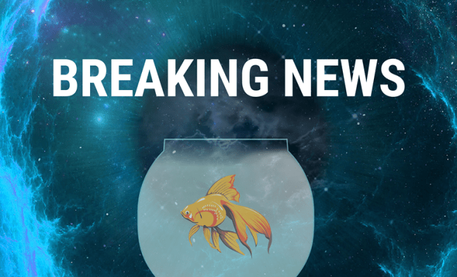 A fish in a fishbowl floating in space with a Breaking news banner