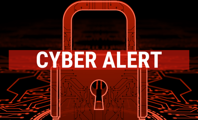 A black and red background with a lock in the middle that has a banner reading Cyber Alert.