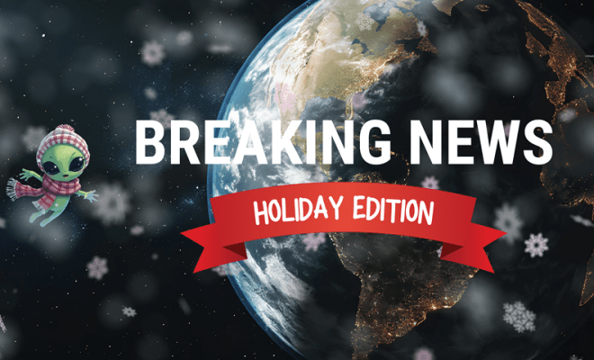 Alien in winter attire floating in space while it snows with a banner that says Breaking News Holiday Edition.