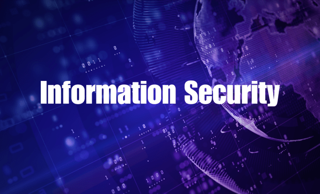 Purple and blue background with a globe and a banner saying Information Security