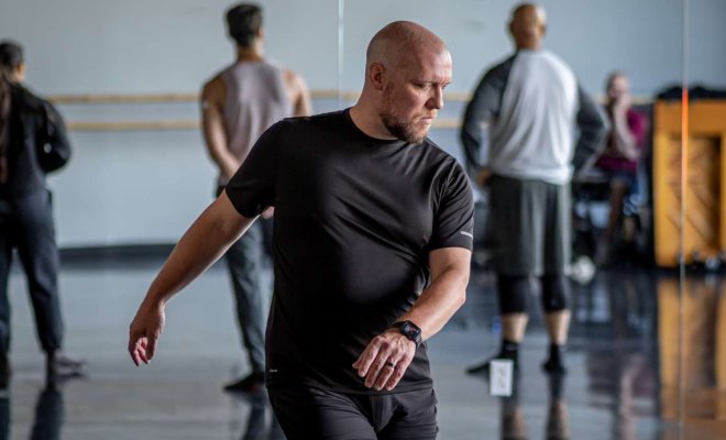 Jason Cameron runs through choreography in Montclair State University’s dance studio during the summer 2024 MFA in Dance intensive session.