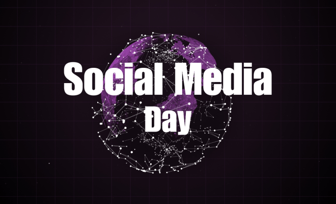 Black background with a purple Earth and a banner that says Social Media Day.