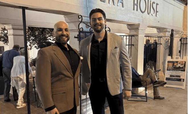 Jason Zacher and Jeremy Brauner in front of the Opera House