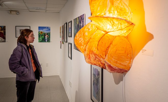 Student viewing artwork with Finley Gallery
