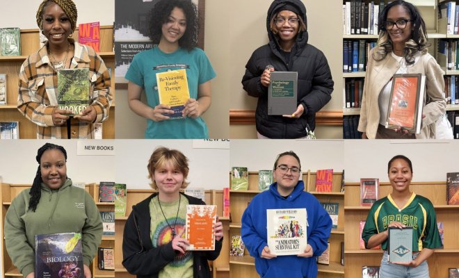 group of 8 students holding books in a collage