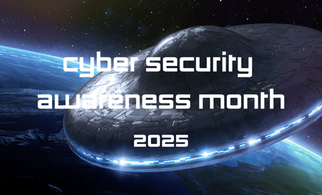 A spaceship in space with a banner reading cybersecurity awareness month 2025.