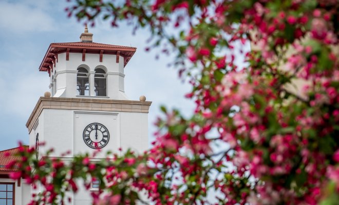 University Hall clock tower with spring blossoms in front