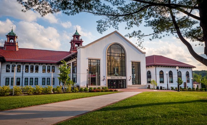 front entrance of Cole Hall with a clear sky