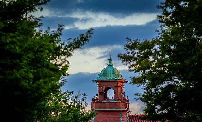aerial shot of the cole hall bell tower 