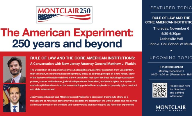 Flyer for American Experiment 250 years and beyond event, featuring President Koppell and NJ Attorney General Platkin