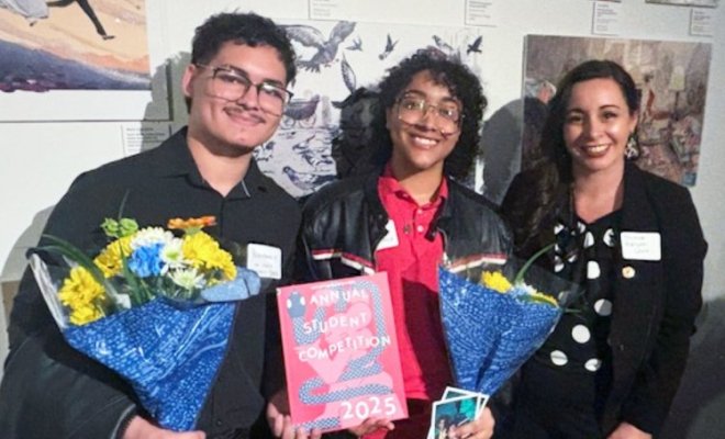 BFA Illustration students Naithen Nieves and Fern Nolasco with Professor Christina Rodriguez-Unalt