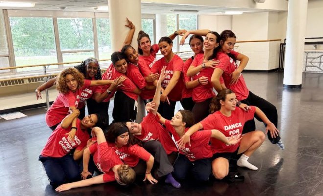 Dancers in the Movement Sentence Choir project alongside Kristen Bell, Susan Pope, and Caitlyn Scott.