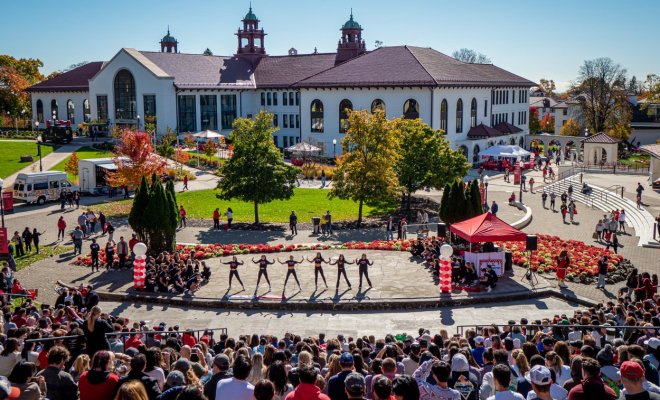 Amphitheater looking at the stage during a Homecoming parade performance